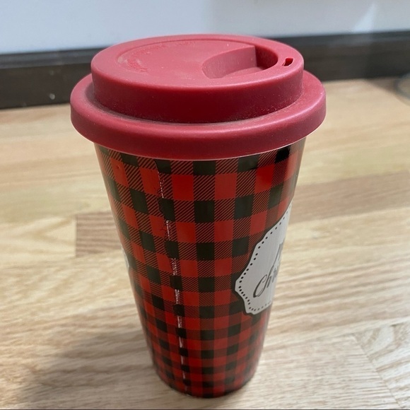 Merry Christmas Buffalo Plaid Ceramic Coffee Travel Mug NWT Silicone Lid - Picture 6 of 8
